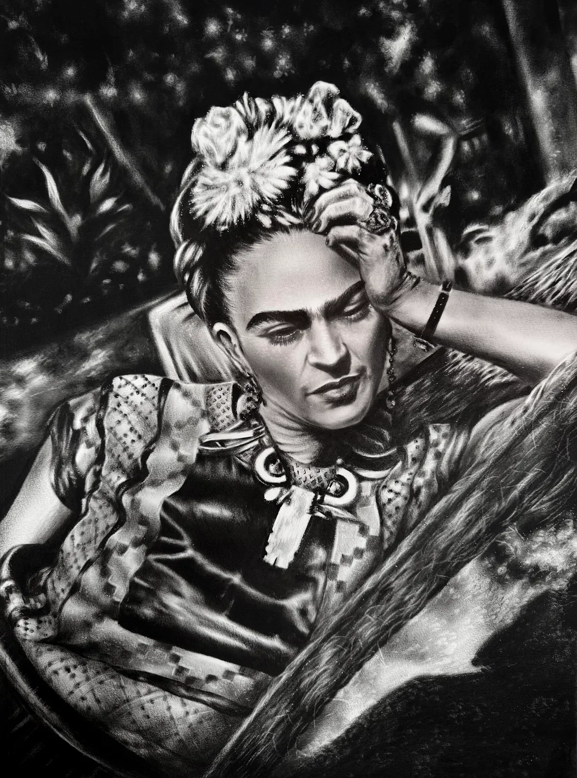 Monochrome oil painting of a reclining woman wearing a floral headdress beneath leafy trees.