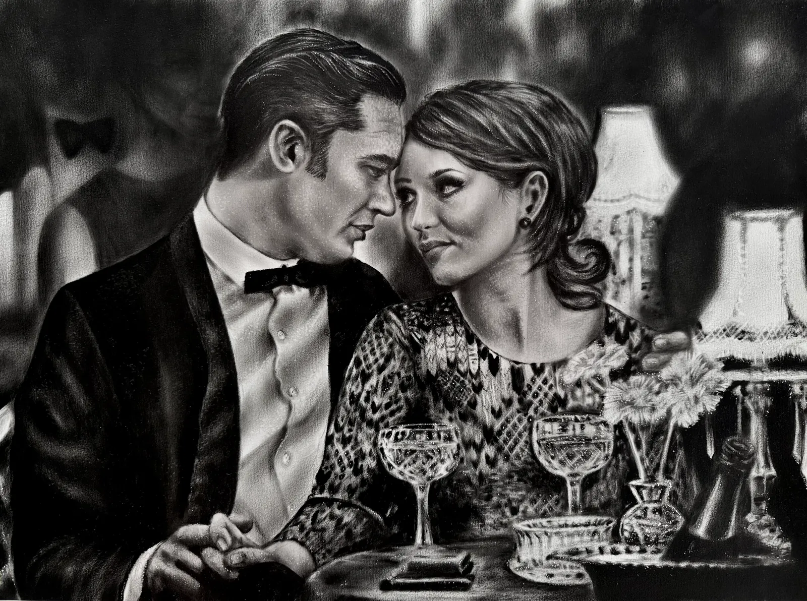 Monochrome oil painting of a formally dressed couple seated closely at a table with glassware and lamps.