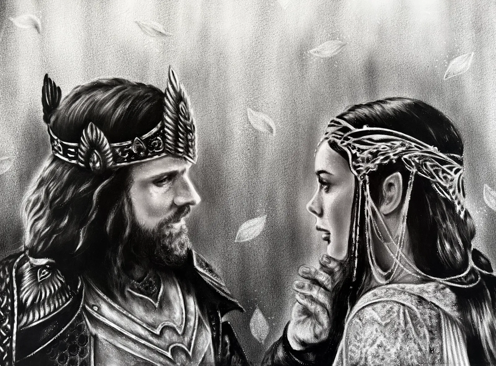 Monochrome oil painting of a crowned warrior and a woman in an ornate headdress facing one another.