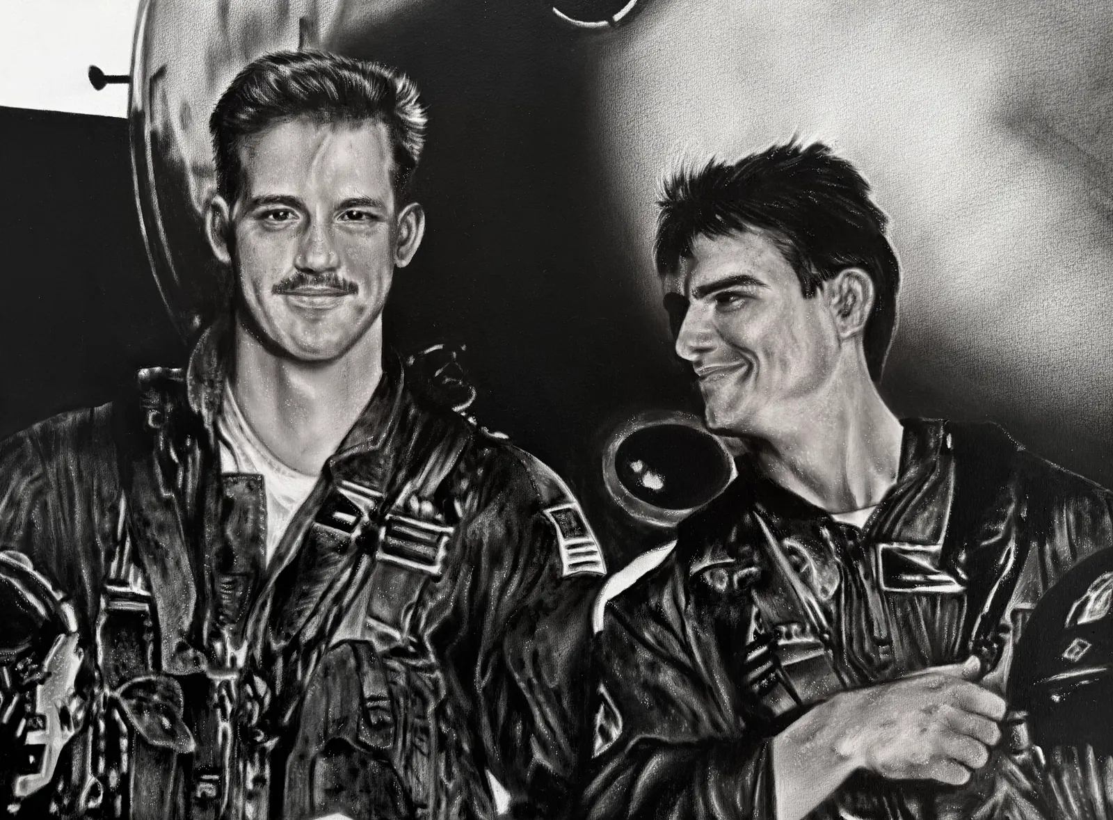 Monochrome oil painting of two aircrew in flight suits seated inside an aircraft cockpit.
