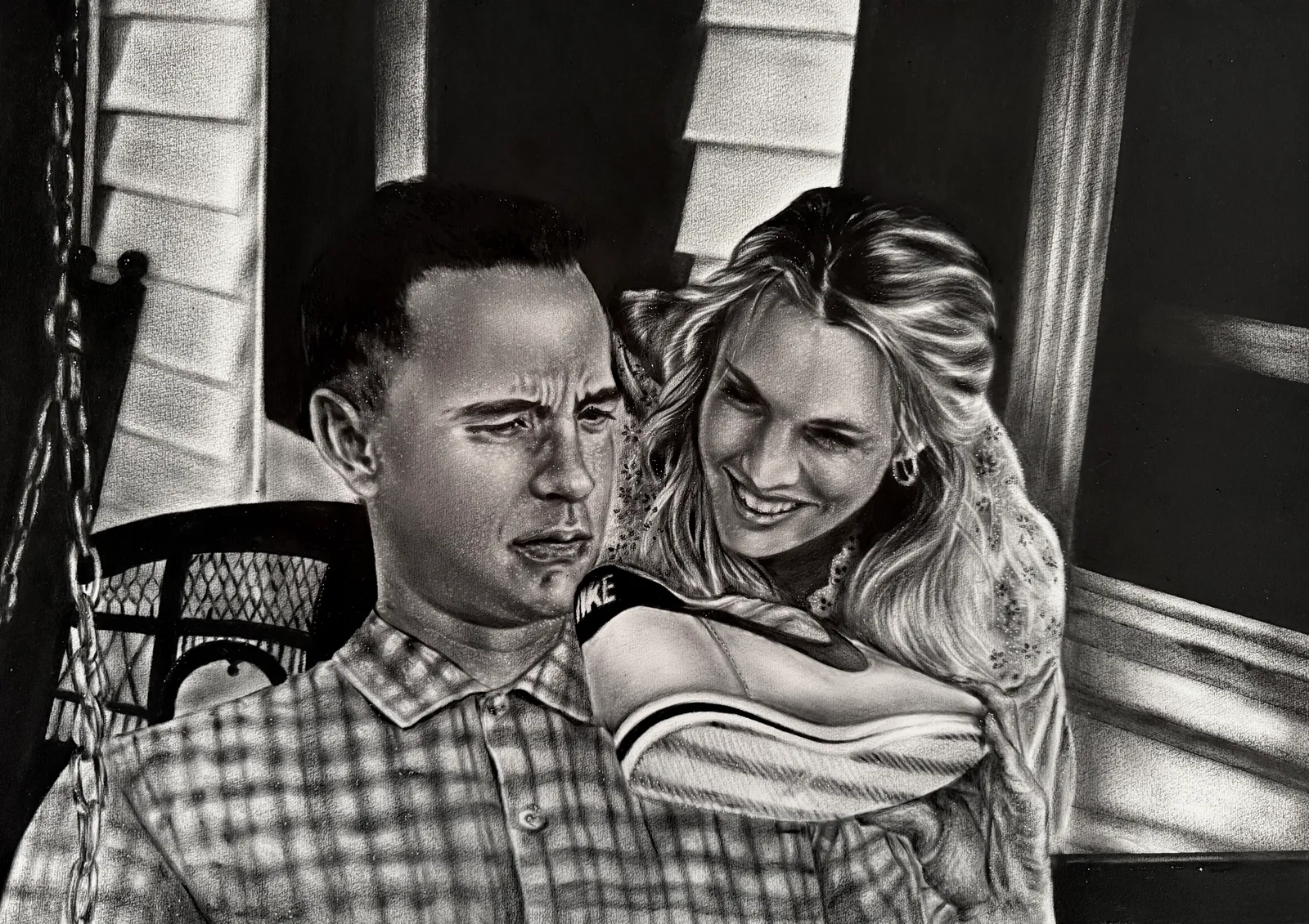 Monochrome oil painting of a seated man with a smiling woman leaning over his shoulder.