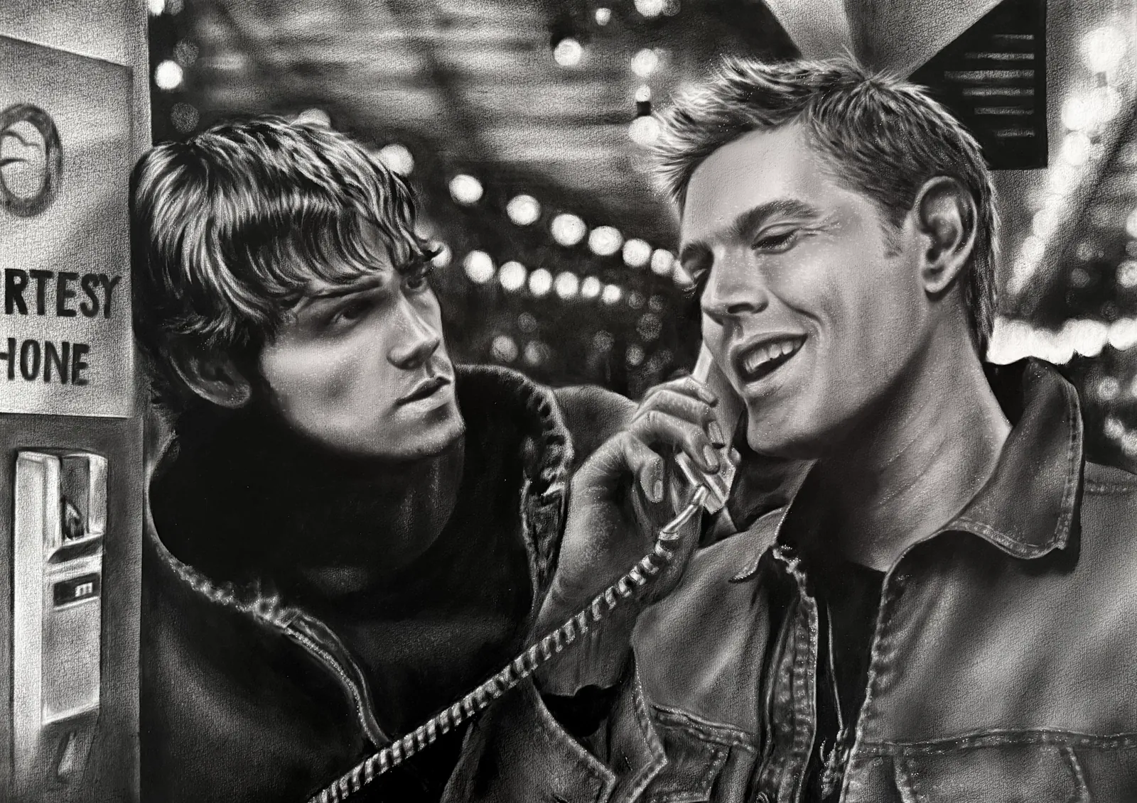 Monochrome oil painting of two young men beside a public telephone at night.