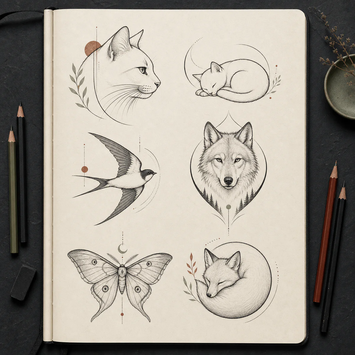 Original animal tattoo concept sheet with cat, swallow, wolf, moth and fox studies.