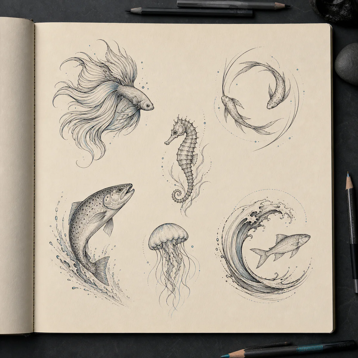 Original aquatic tattoo concept sheet with betta fish, circling fish, seahorse, trout, jellyfish and wave studies.
