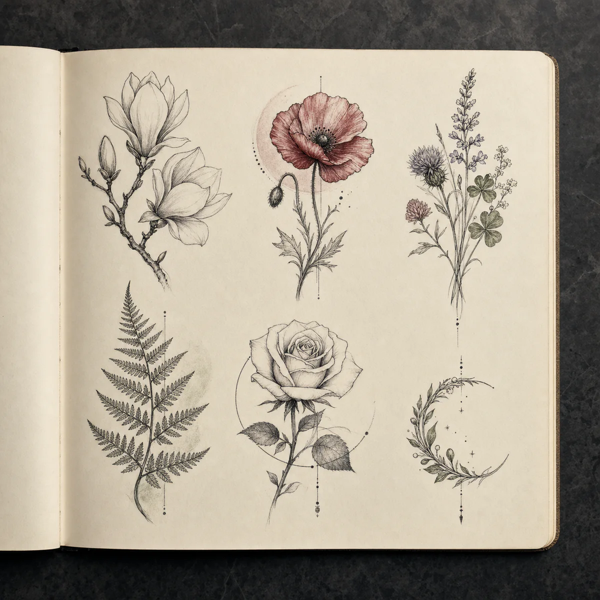 Original botanical tattoo concept sheet with magnolia, poppy, Irish wildflowers, fern, rose and crescent studies.