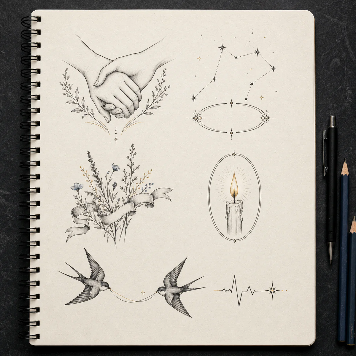 Original memorial tattoo concept sheet with clasped hands, constellation, wildflower ribbon, candle and swallow studies.