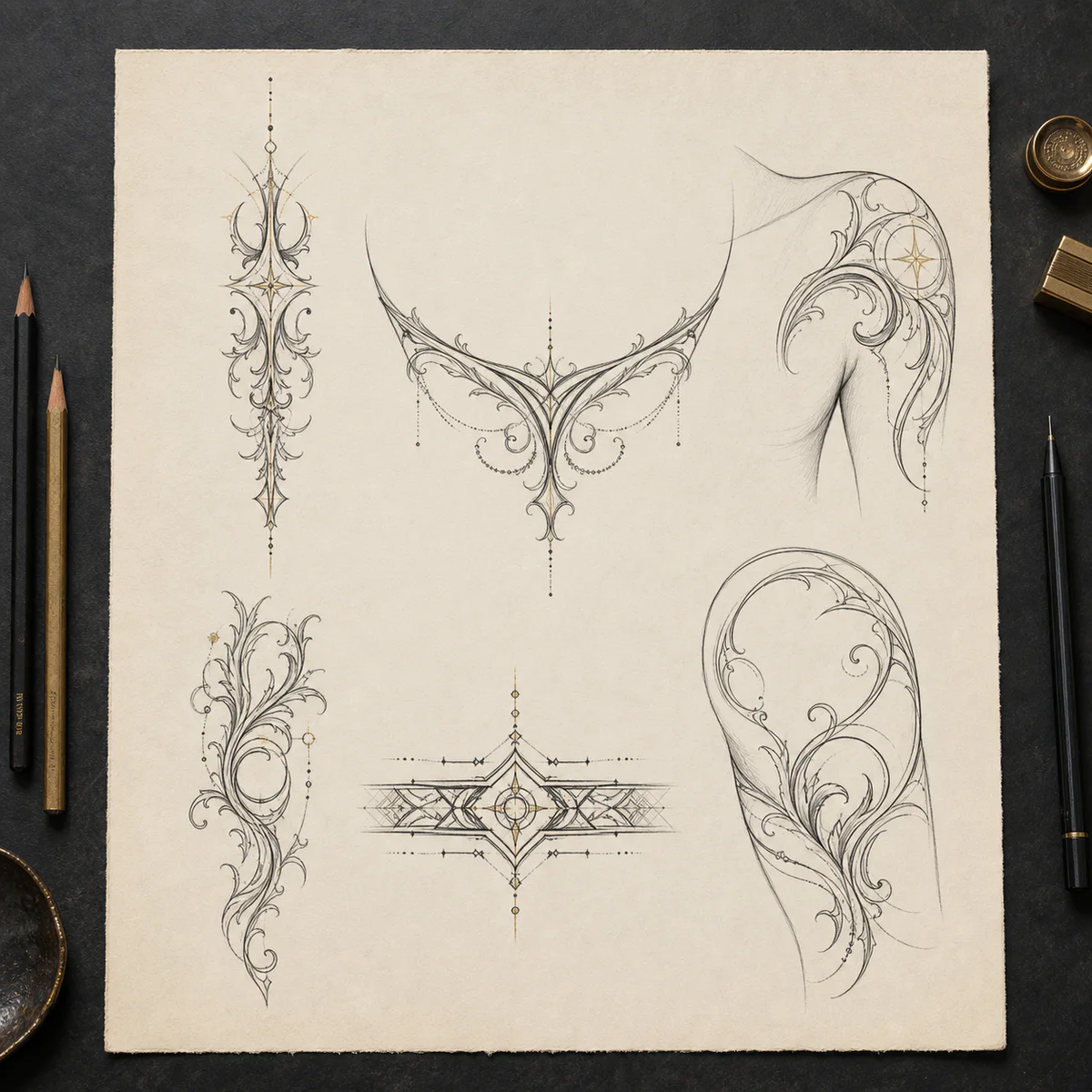 Original ornamental tattoo planning sheet with spine, underbust, forearm, wrist, shoulder and upper-arm studies.